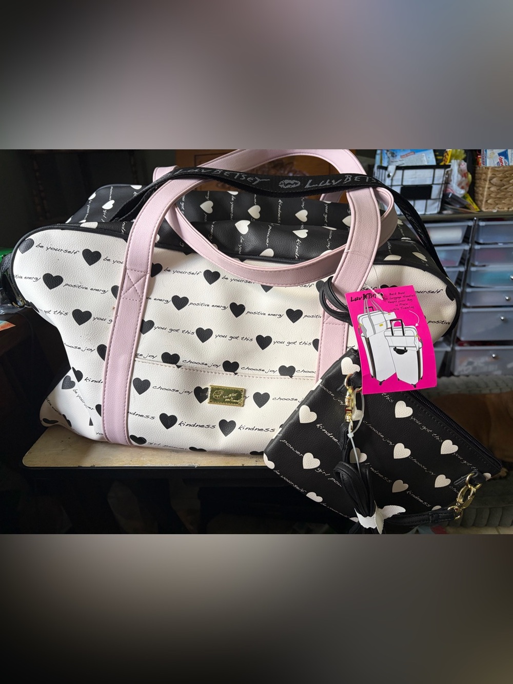 Luv Betsey Pink & Black Heart Print Tote Bag and Wristlet Betsey Johnson NWT